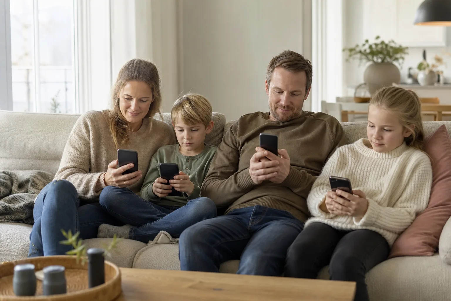 Familj som använder mobiler tillsammans hemma